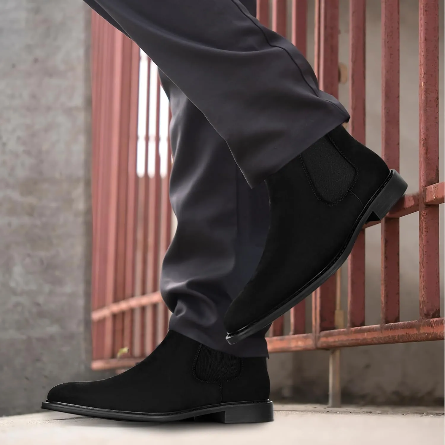 Mens Black Chelsea Boots - Classic PU Slip On Dress Boots with Side Elastic Panels - Comfort Low Heel Ankle Boots - Black 8.5