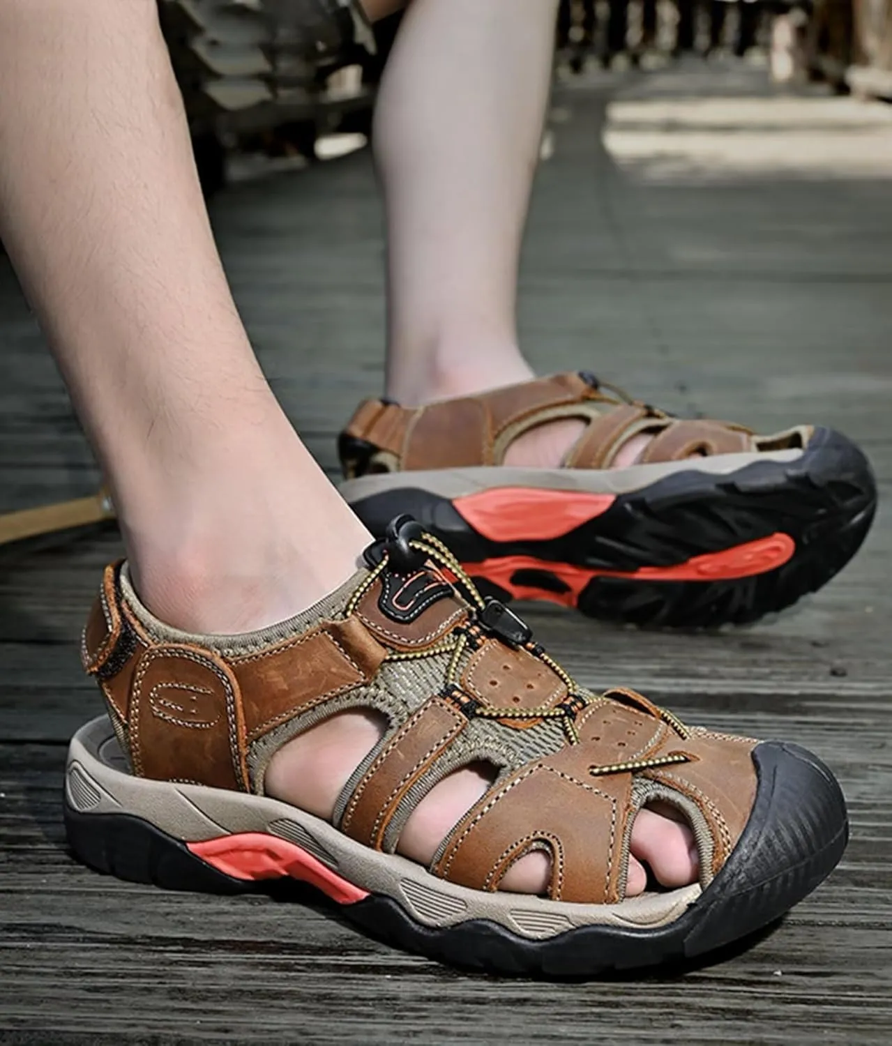 Mens Casual Leather Sandals Closed Toe Beach Shoes Summer Sandals for Hiking Trekking Walking