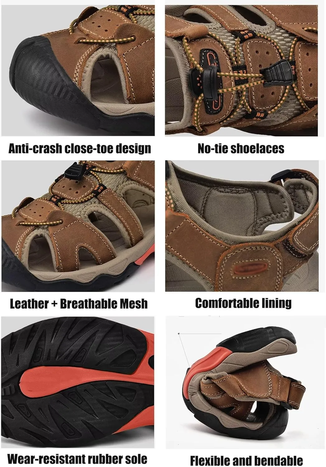 Mens Casual Leather Sandals Closed Toe Beach Shoes Summer Sandals for Hiking Trekking Walking