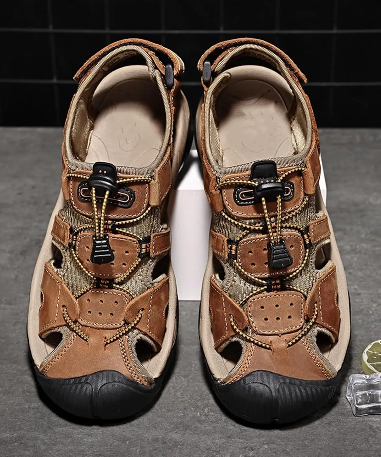 Mens Casual Leather Sandals Closed Toe Beach Shoes Summer Sandals for Hiking Trekking Walking