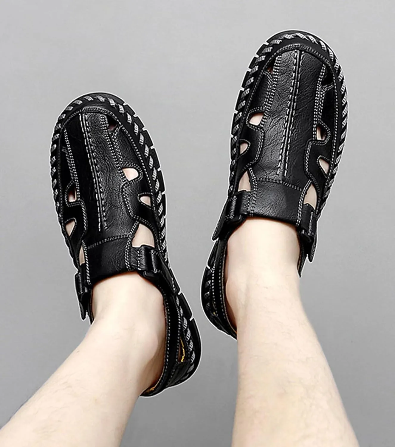 Mens Casual Walking Sandals Closed Toe Beach Shoes Sports Outdoor Sandals Summer Leather Sandals for Hiking Trekking Driving