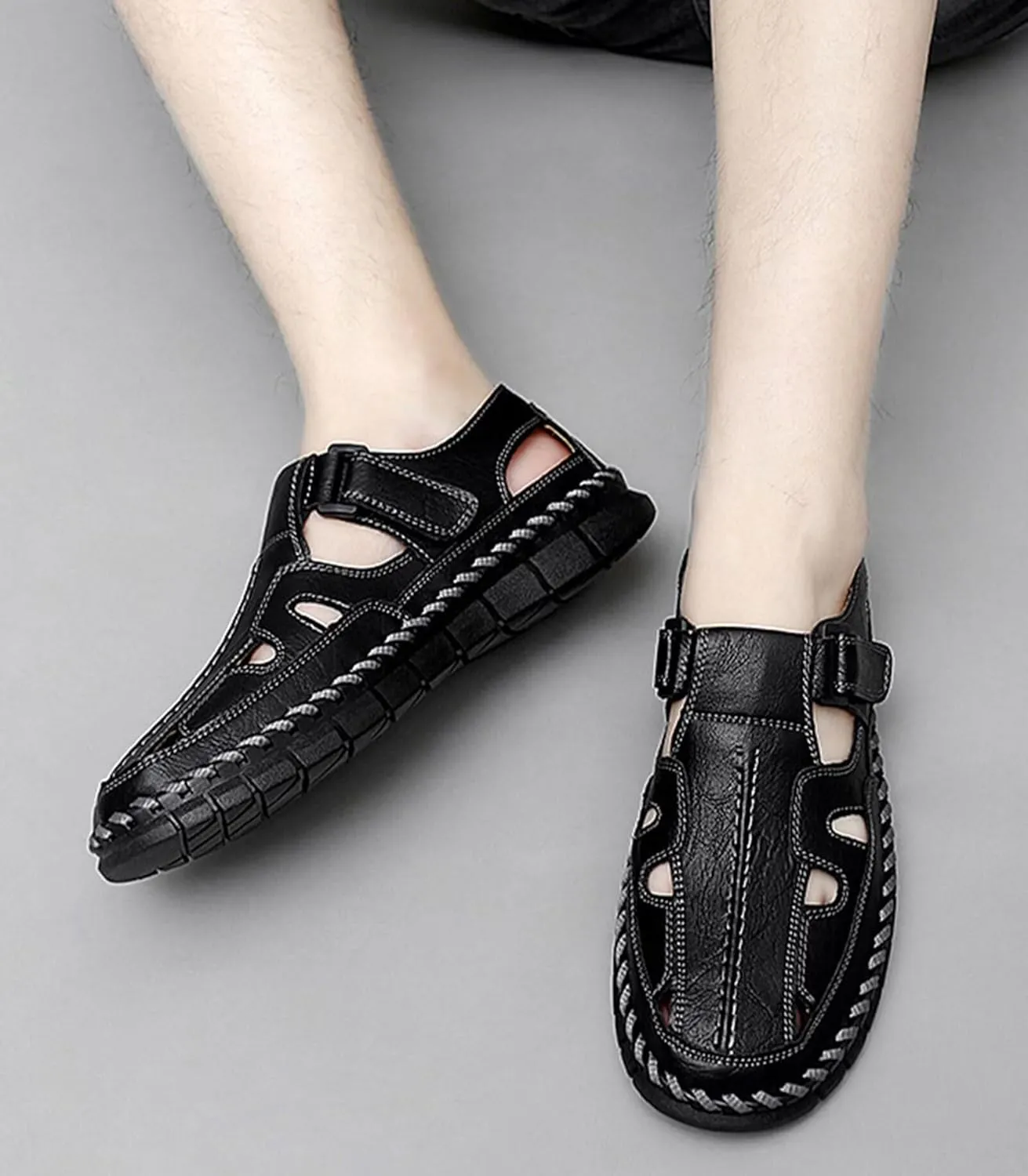 Mens Casual Walking Sandals Closed Toe Beach Shoes Sports Outdoor Sandals Summer Leather Sandals for Hiking Trekking Driving
