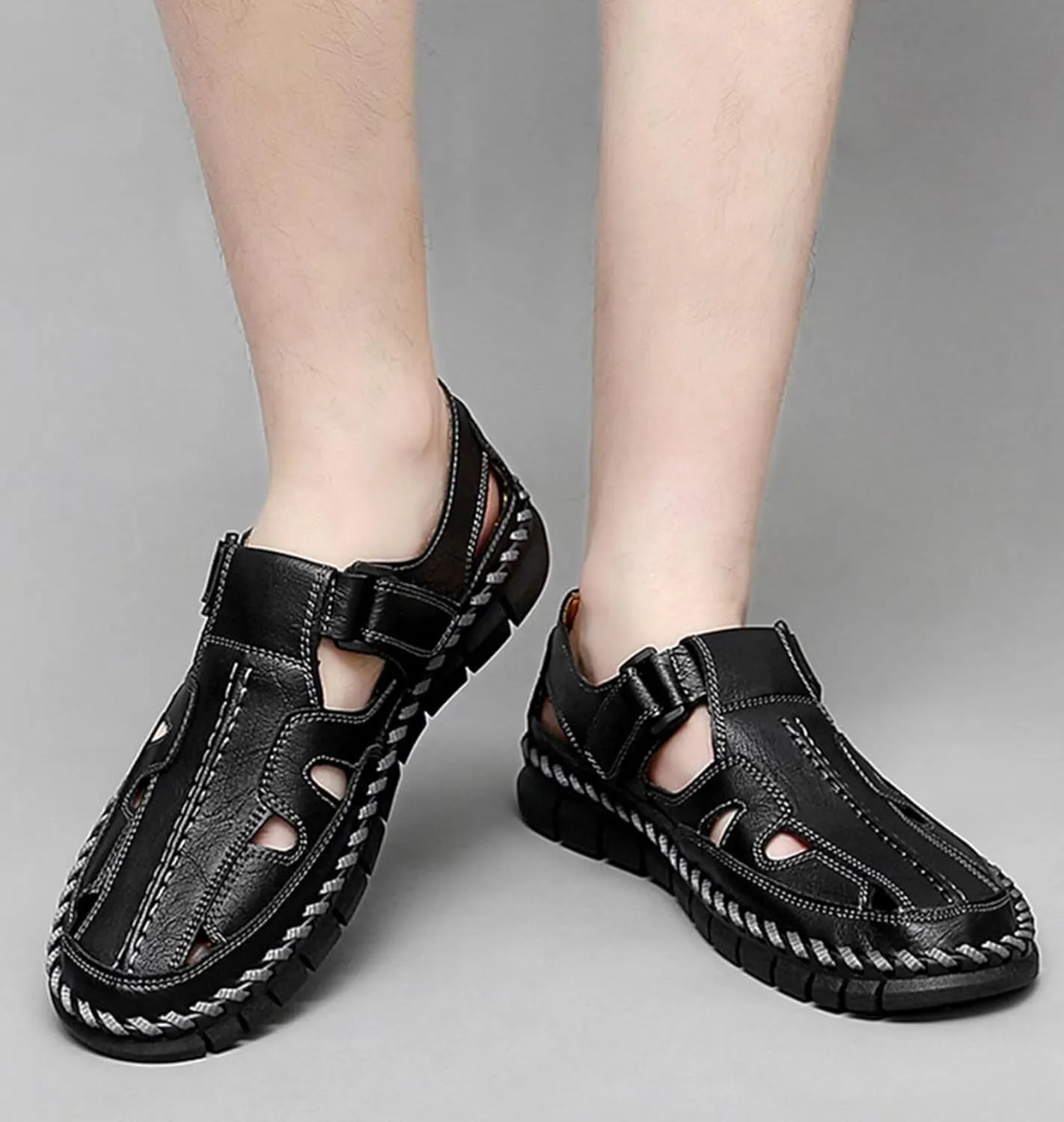 Mens Casual Walking Sandals Closed Toe Beach Shoes Sports Outdoor Sandals Summer Leather Sandals for Hiking Trekking Driving