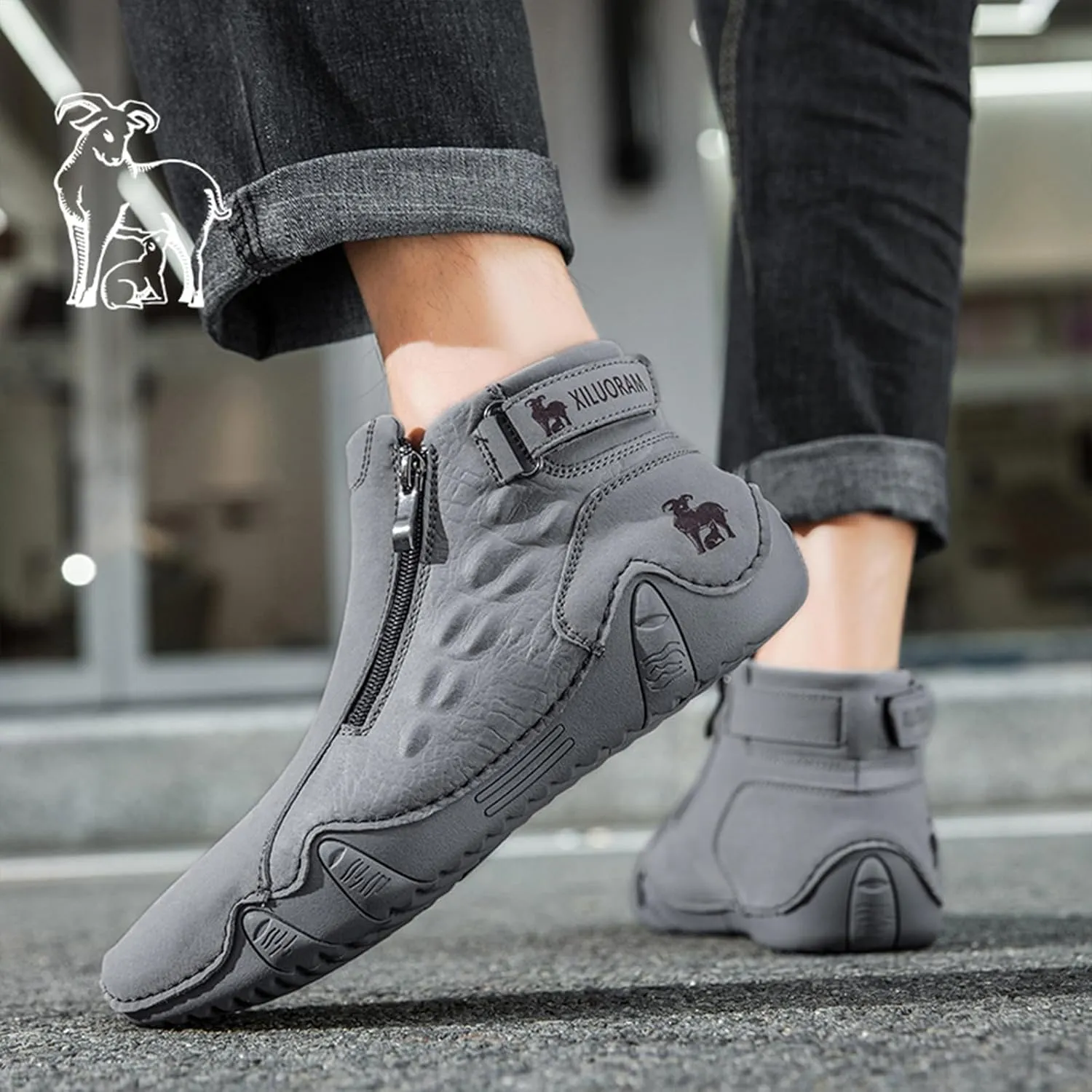 Men's Causal Fashion Ankle Chukka Boots Comfort Round Toe Alligator Printed Fur Lined Non Slip Side Zip Boots Outdoor High Top Driving Walking Shoes