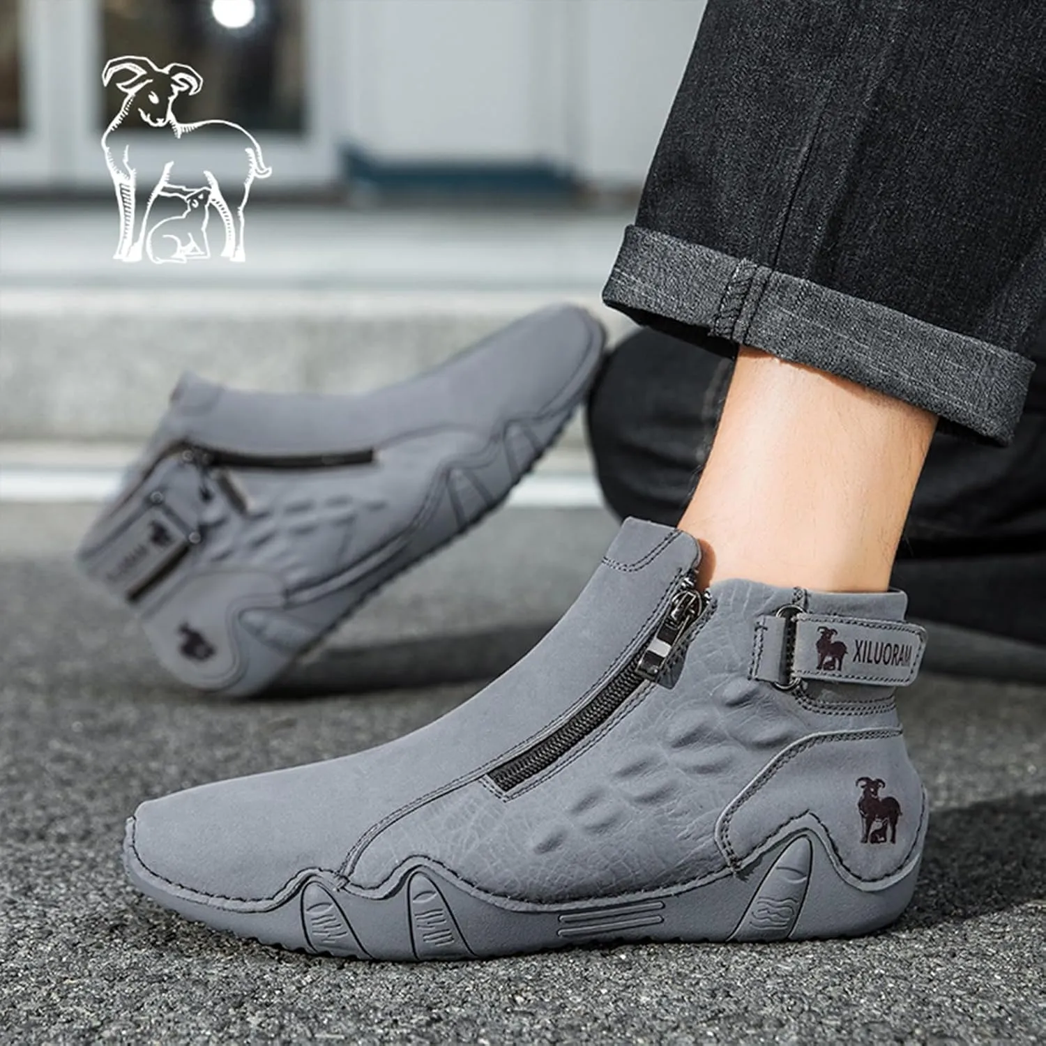Men's Causal Fashion Ankle Chukka Boots Comfort Round Toe Alligator Printed Fur Lined Non Slip Side Zip Boots Outdoor High Top Driving Walking Shoes
