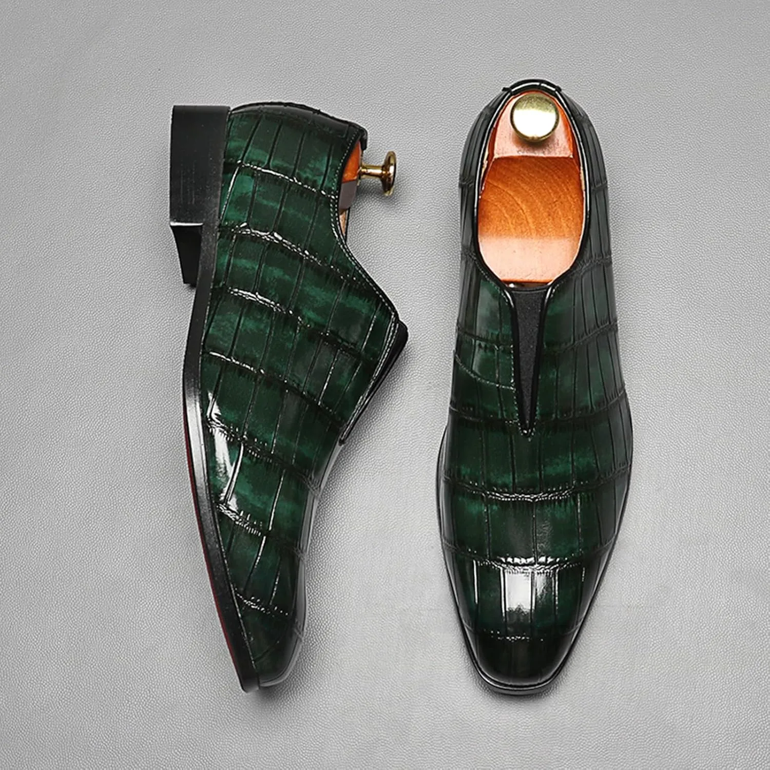 Men's Dress Shoes with Crocodile Printed Leather in Brogue Elastic Band Oxford Formal Shoes for Men