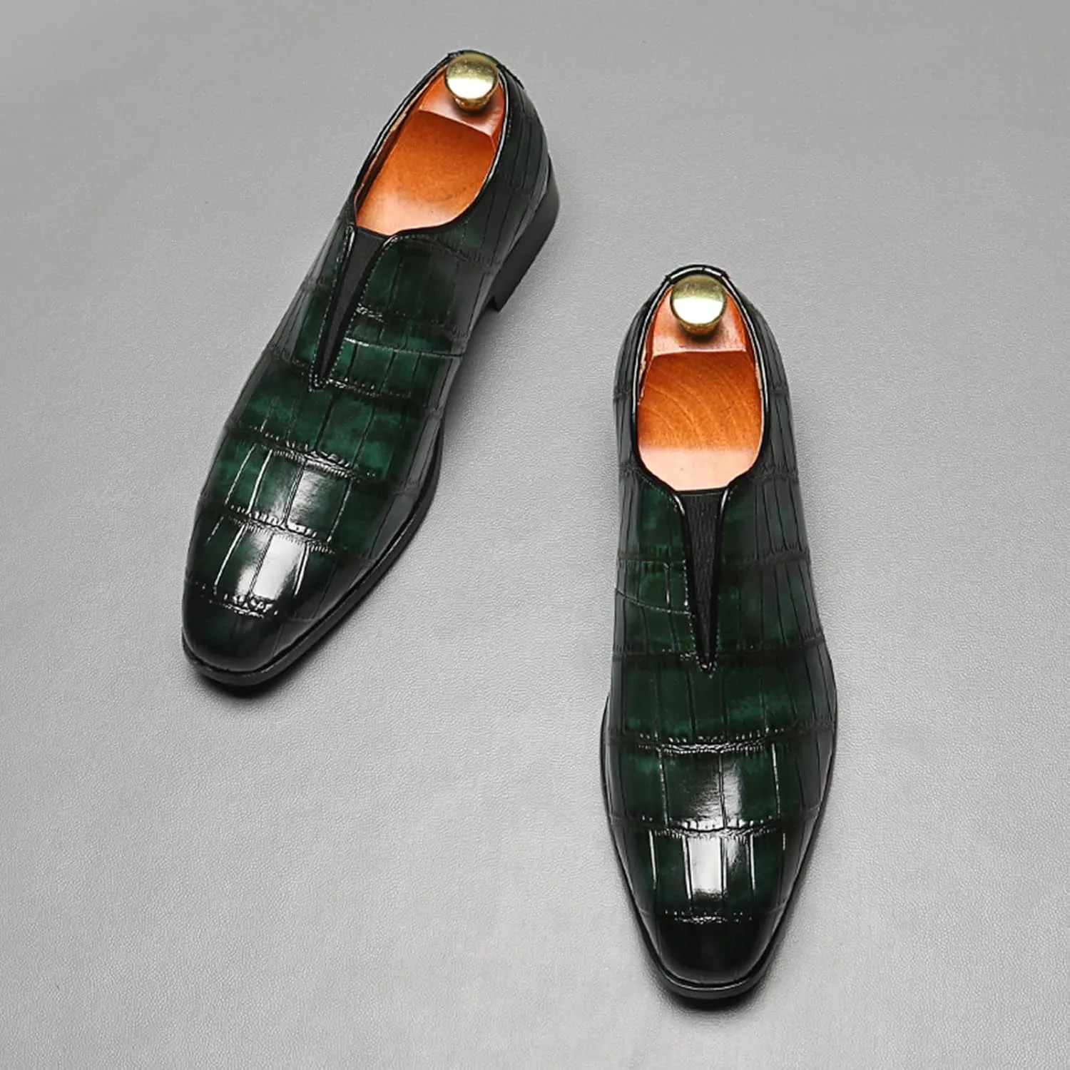 Men's Dress Shoes with Crocodile Printed Leather in Brogue Elastic Band Oxford Formal Shoes for Men