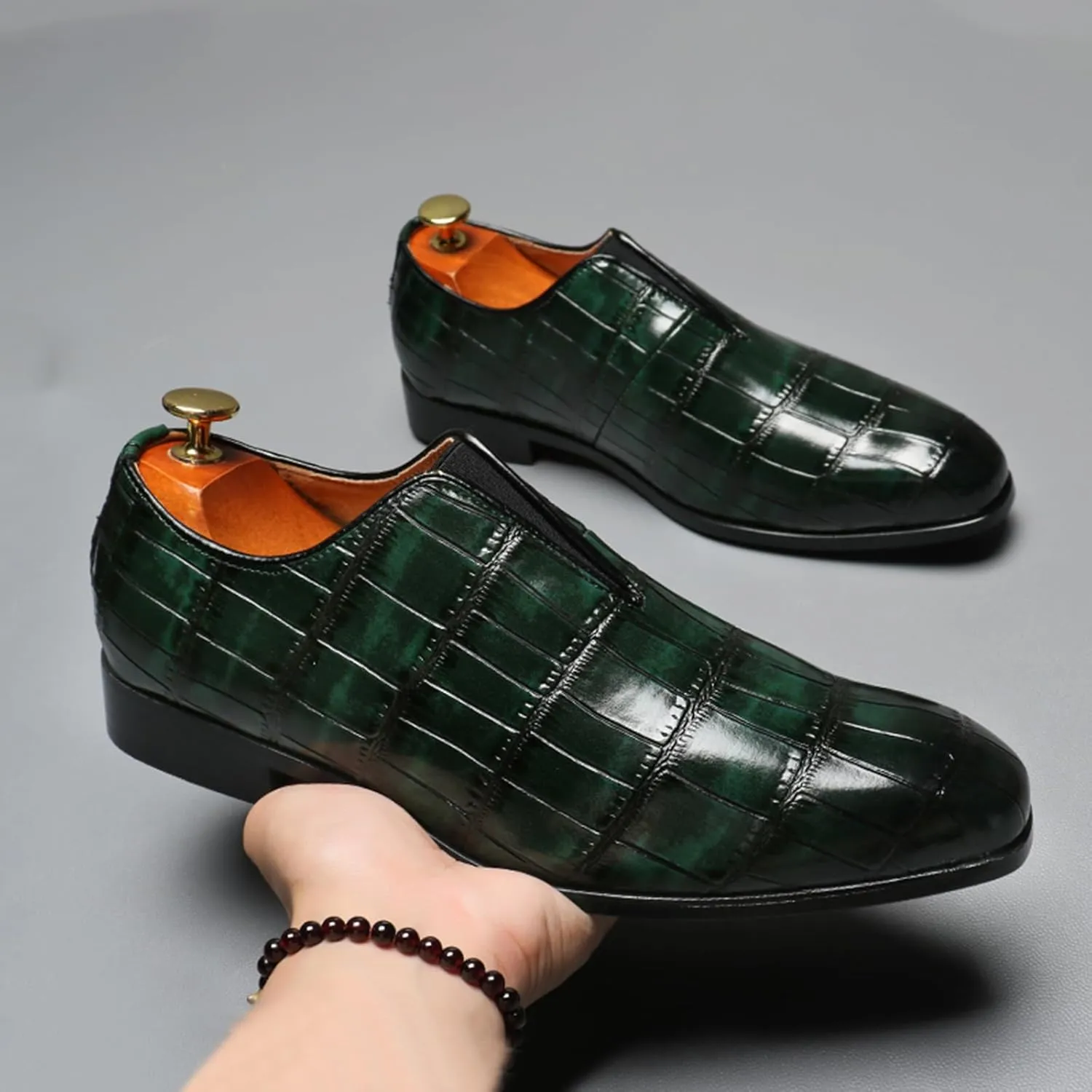 Men's Dress Shoes with Crocodile Printed Leather in Brogue Elastic Band Oxford Formal Shoes for Men