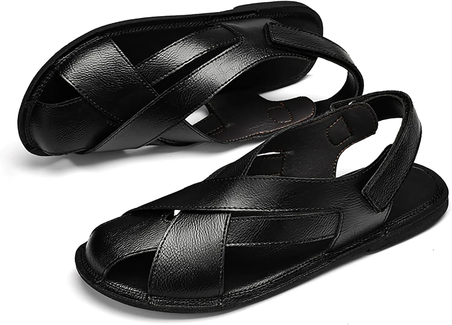 Men's Genuine Leather Hook Loop Fisherman Sandals Hollow Out Breathable Lightweight Slip On Closed Toe Summer Casual Flat Sandals for Driving Walking Beach Shoes