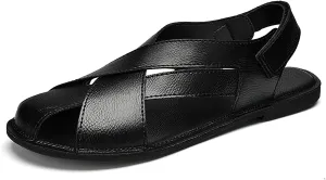 Men's Genuine Leather Hook Loop Fisherman Sandals Hollow Out Breathable Lightweight Slip On Closed Toe Summer Casual Flat Sandals for Driving Walking Beach Shoes