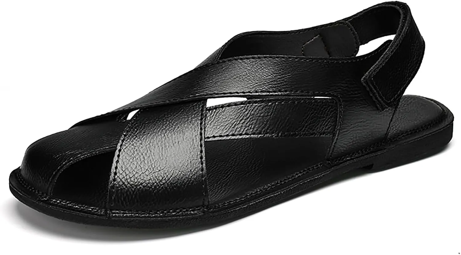 Men's Genuine Leather Hook Loop Fisherman Sandals Hollow Out Breathable Lightweight Slip On Closed Toe Summer Casual Flat Sandals for Driving Walking Beach Shoes