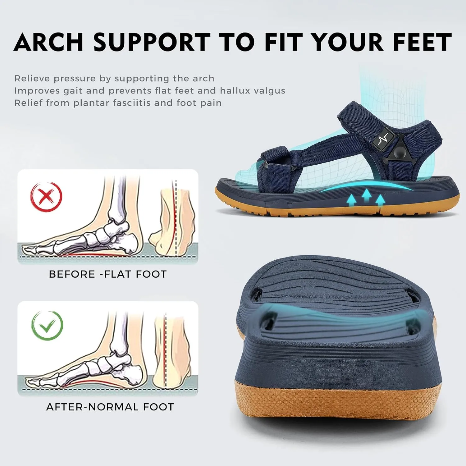 Mens Hiking Sandals with Arch Support - Cushion Sport Athletic Walking Sandles Outdoor Summer Comfortable Casual Waterproof Beach Water Sandal for Wide Feet