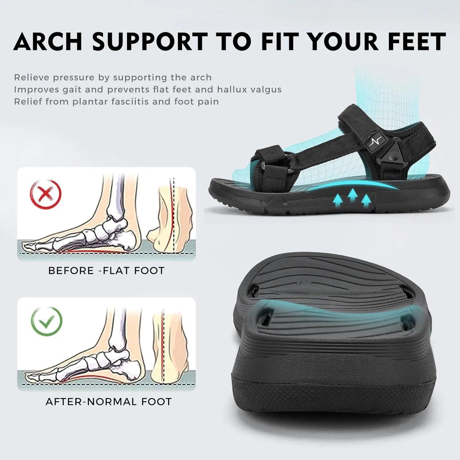 Mens Hiking Sandals with Arch Support - Cushion Sport Athletic Walking Sandles Outdoor Summer Comfortable Casual Waterproof Beach Water Sandal for Wide Feet