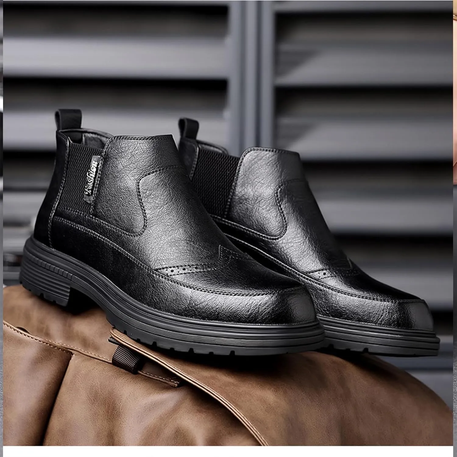 Men's Leather Brogue Chunky Ankle Boots Lightweight non-slip comfort chukka boots