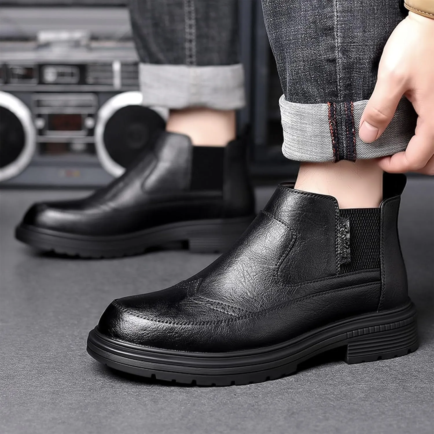 Men's Leather Brogue Chunky Ankle Boots Lightweight non-slip comfort chukka boots