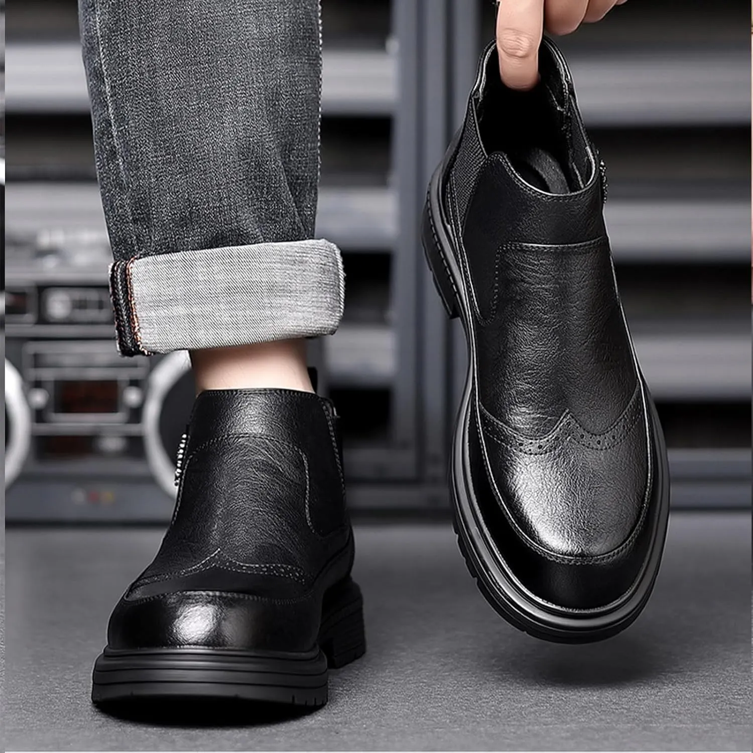 Men's Leather Brogue Chunky Ankle Boots Lightweight non-slip comfort chukka boots