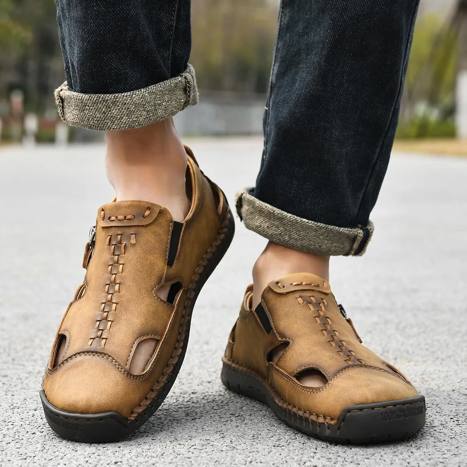 Men's Leather Closed Toe Beach Fisherman Sandals with Side Zip Hand Stitched Hollow Out Slip on Casual Loafers Summer Breathable Walking Shoes for Hiking Camping & Driving