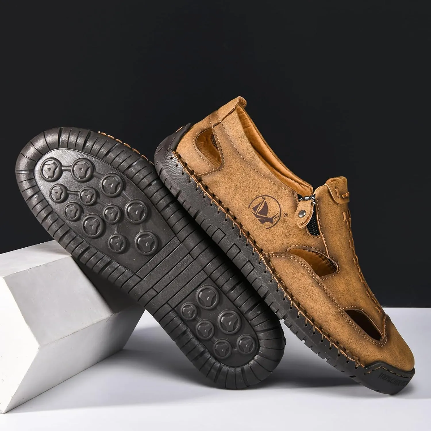 Men's Leather Closed Toe Beach Fisherman Sandals with Side Zip Hand Stitched Hollow Out Slip on Casual Loafers Summer Breathable Walking Shoes for Hiking Camping & Driving