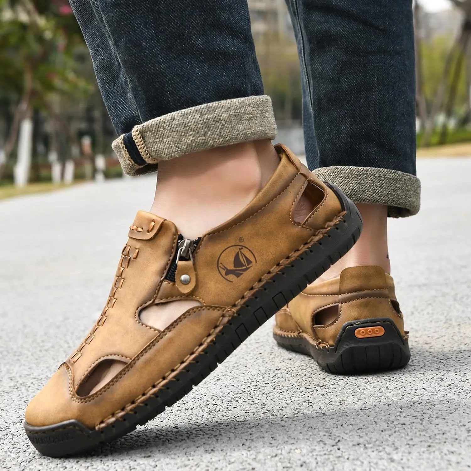 Men's Leather Closed Toe Beach Fisherman Sandals with Side Zip Hand Stitched Hollow Out Slip on Casual Loafers Summer Breathable Walking Shoes for Hiking Camping & Driving