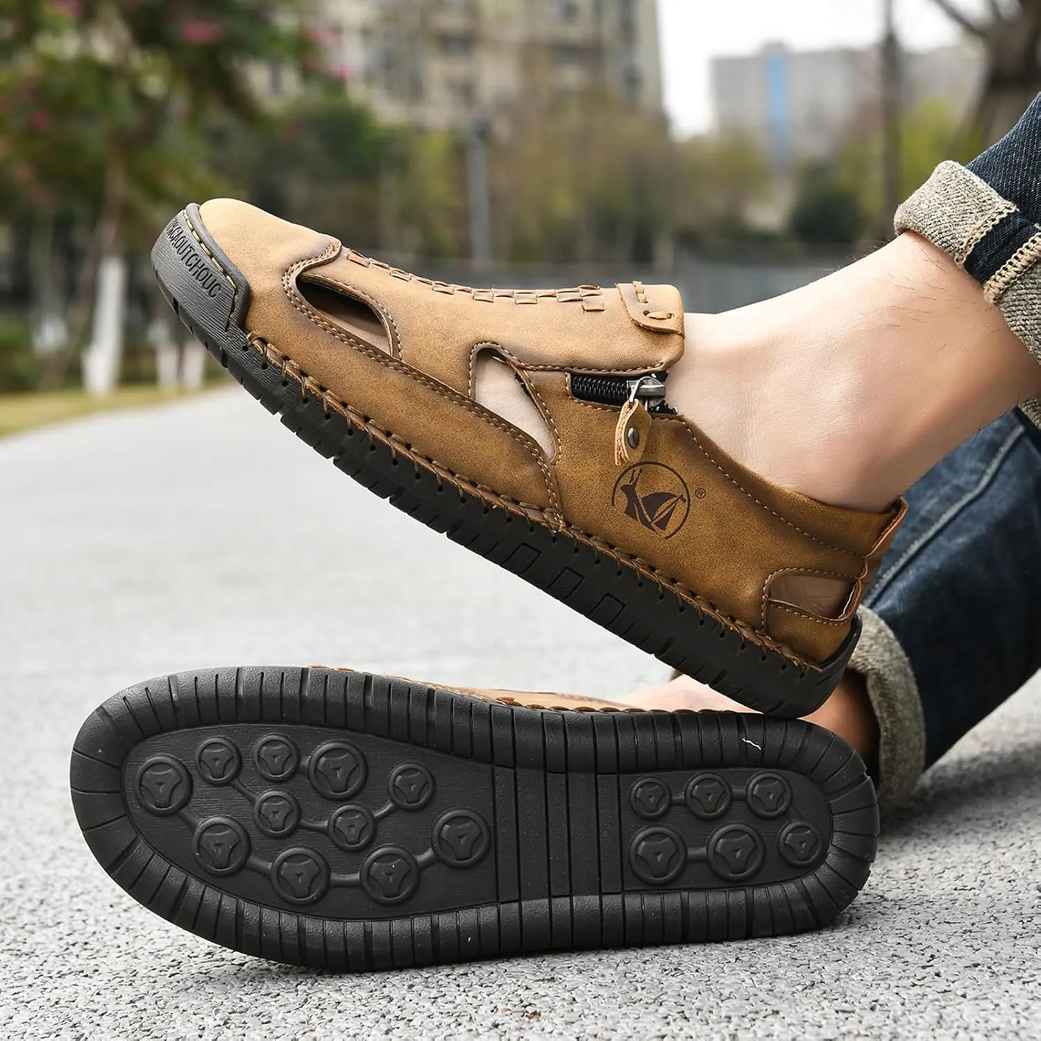 Men's Leather Closed Toe Beach Fisherman Sandals with Side Zip Hand Stitched Hollow Out Slip on Casual Loafers Summer Breathable Walking Shoes for Hiking Camping & Driving
