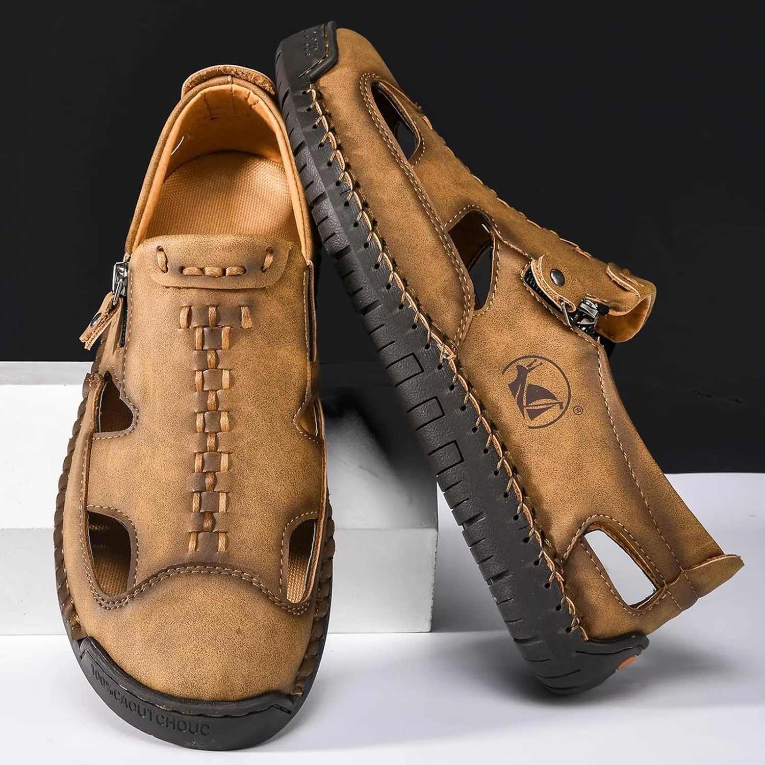 Men's Leather Closed Toe Beach Fisherman Sandals with Side Zip Hand Stitched Hollow Out Slip on Casual Loafers Summer Breathable Walking Shoes for Hiking Camping & Driving