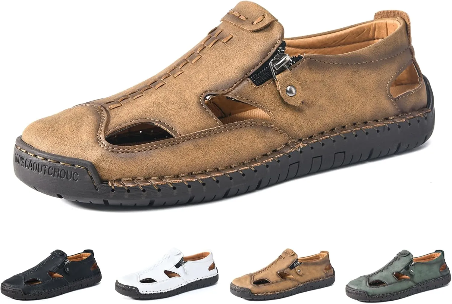 Men's Leather Closed Toe Beach Fisherman Sandals with Side Zip Hand Stitched Hollow Out Slip on Casual Loafers Summer Breathable Walking Shoes for Hiking Camping & Driving