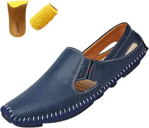 Men's Leather Loafers Cutout Breathe Hand-Stitching Slip on Lightweight Comfy Soft-sole Driving Walking Casual Sandals