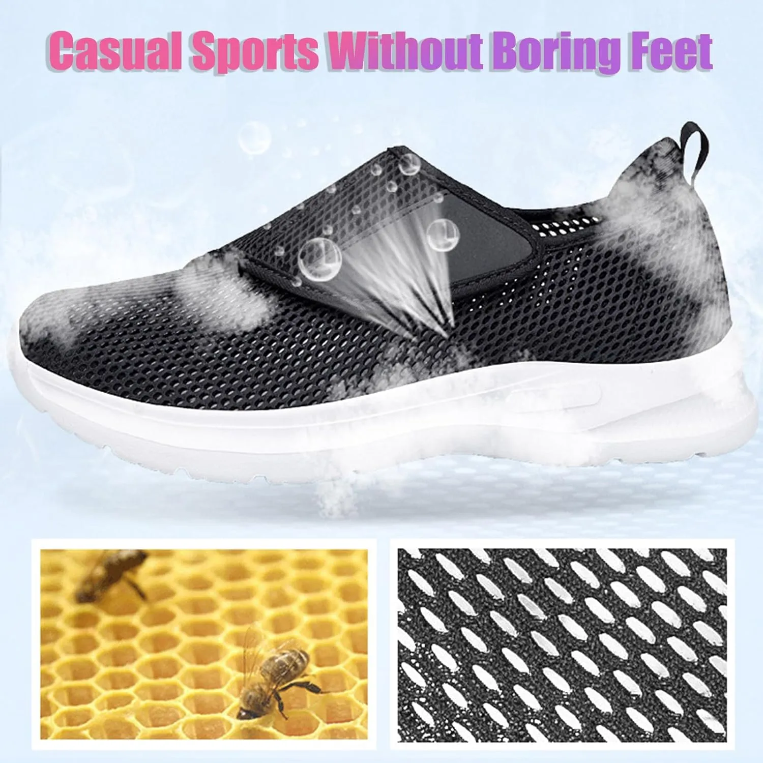 Men's Mesh Hollow Casual Athletic Walking Shoes with Hook and Loop Comfort Round Toe Soft Sole Gym Sneakers Ultralight Breathable Shock Absorbing Running Shoes