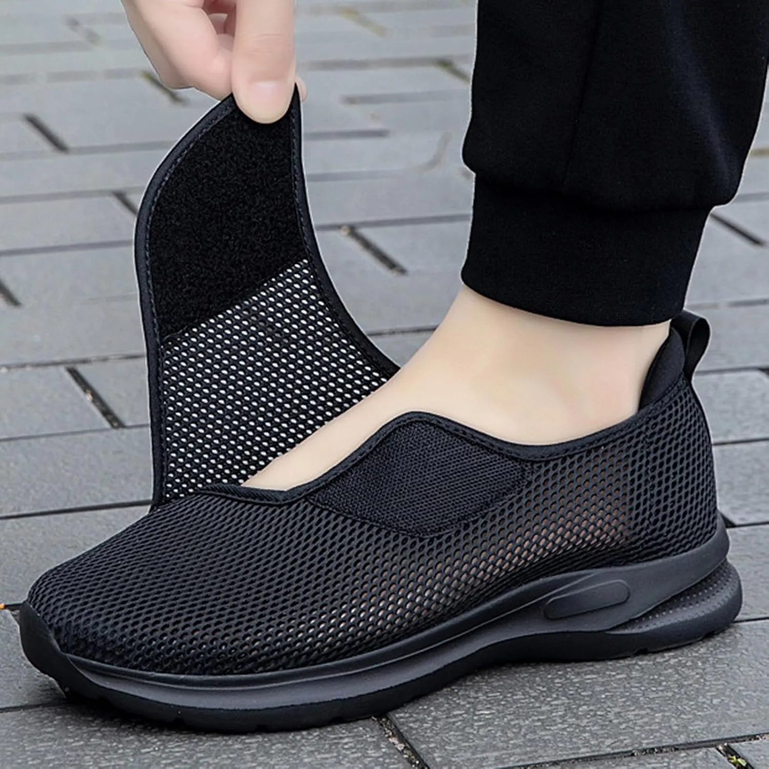Men's Mesh Hollow Casual Athletic Walking Shoes with Hook and Loop Comfort Round Toe Soft Sole Gym Sneakers Ultralight Breathable Shock Absorbing Running Shoes
