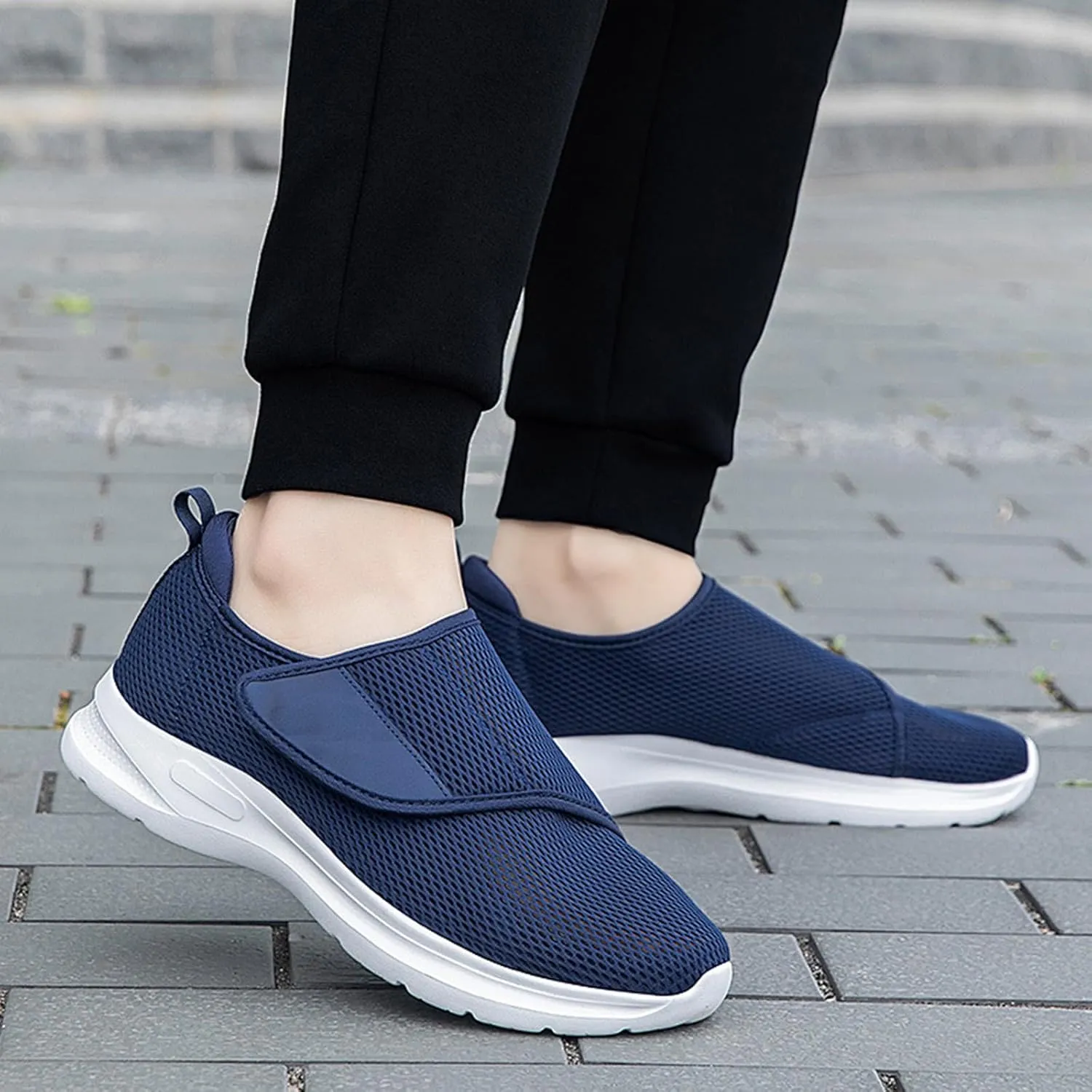 Men's Mesh Hollow Casual Athletic Walking Shoes with Hook and Loop Comfort Round Toe Soft Sole Gym Sneakers Ultralight Breathable Shock Absorbing Running Shoes
