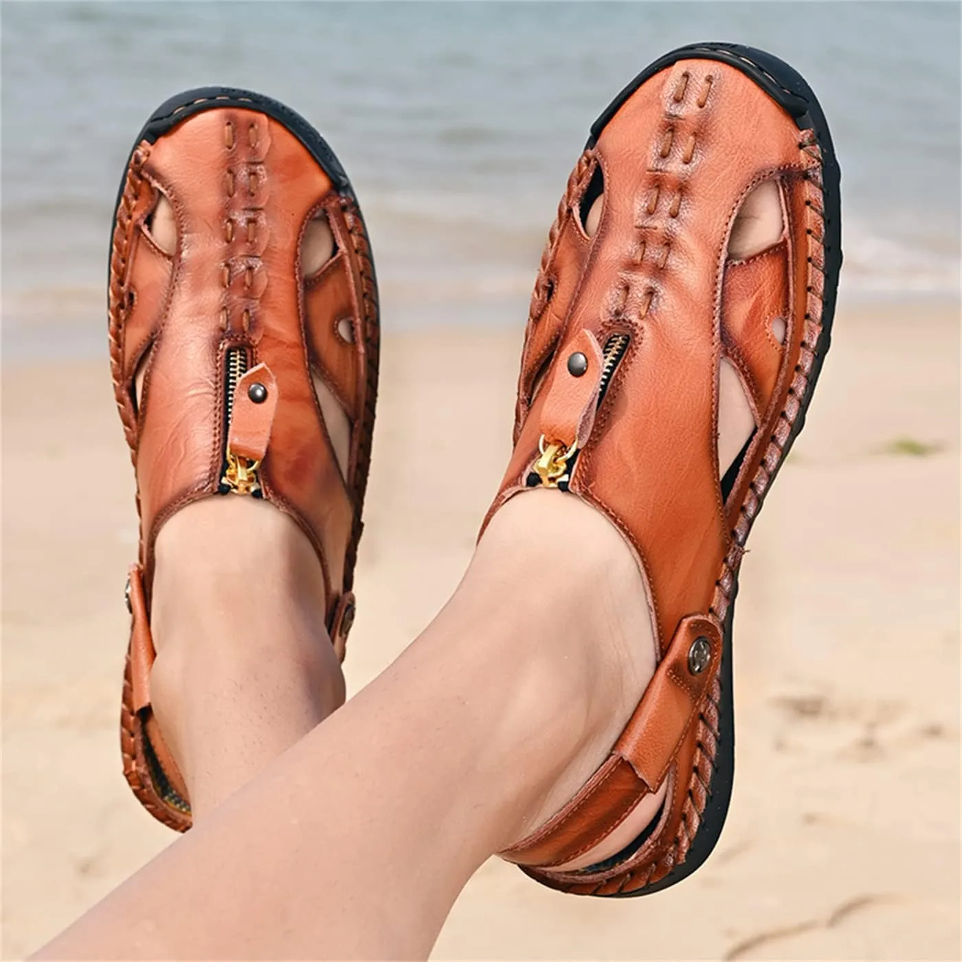 Men's Outdoor Sandals Breathable Summer Beach Shoes Closed Toe Hiking Fisherman Non-Slip Comfortable Casual Leather Sandals