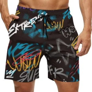 Mens Peach Skin Beach Shorts Street Art Graffiti Urban Theme Board Shorts Swim Trunks with Mesh Lining