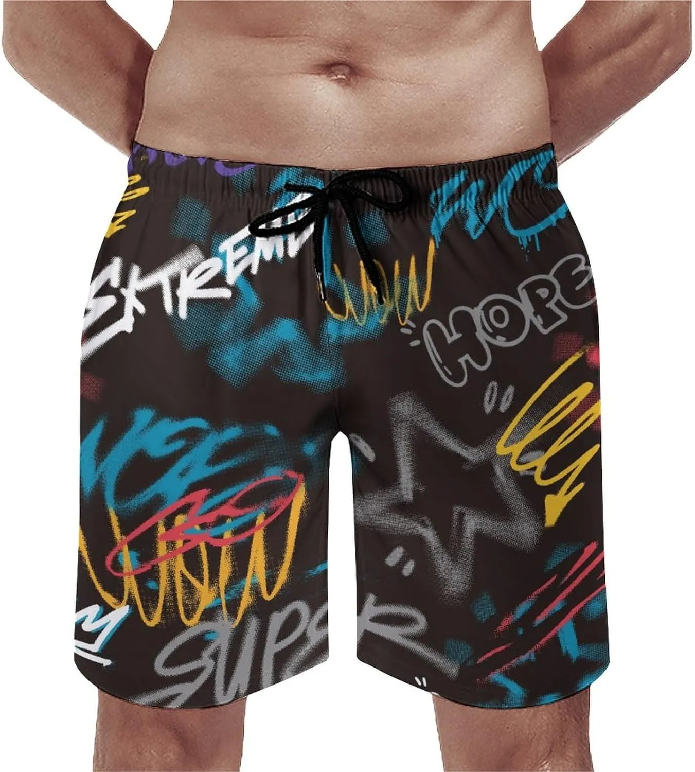 Mens Peach Skin Beach Shorts Street Art Graffiti Urban Theme Board Shorts Swim Trunks with Mesh Lining