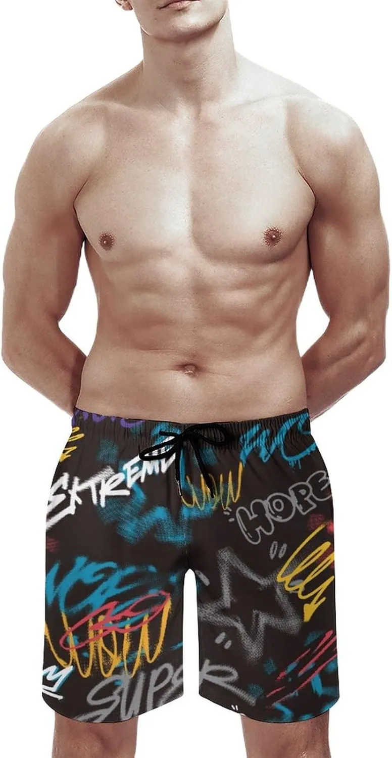 Mens Peach Skin Beach Shorts Street Art Graffiti Urban Theme Board Shorts Swim Trunks with Mesh Lining