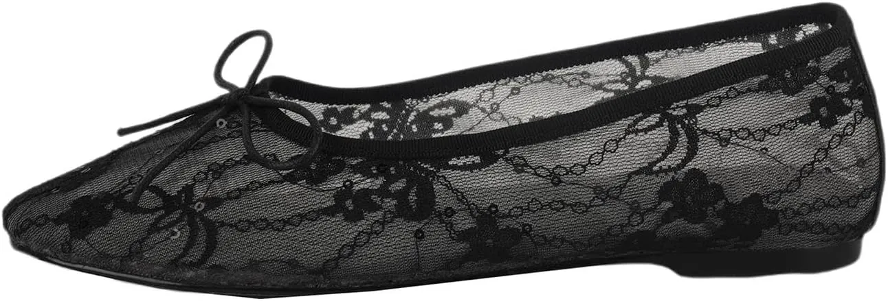 Mesh Ballet Flats for Women,Lace Bow Sequins Embellished Ballerina Shoes,Round Toe Slip on Comfortable Elegant Romantic Wedding Party Dating Dress Mary Jane Flats