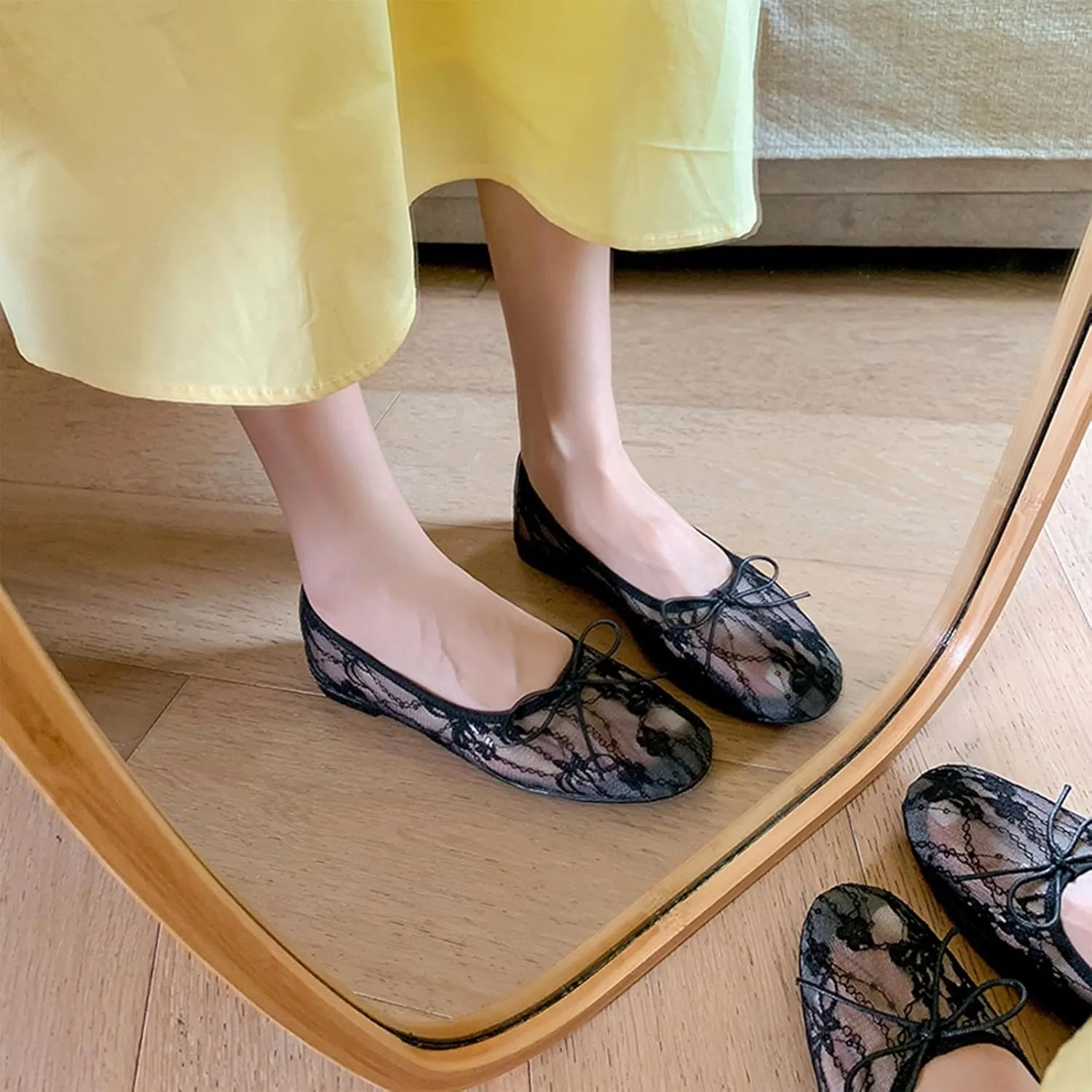 Mesh Ballet Flats for Women,Lace Bow Sequins Embellished Ballerina Shoes,Round Toe Slip on Comfortable Elegant Romantic Wedding Party Dating Dress Mary Jane Flats