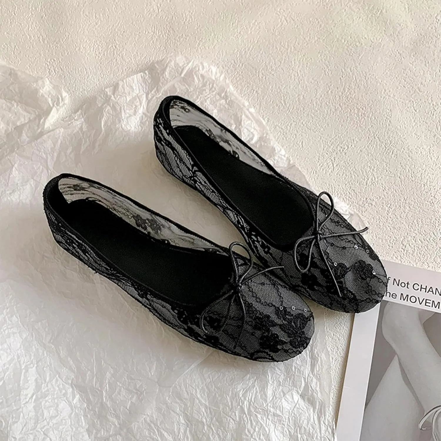 Mesh Ballet Flats for Women,Lace Bow Sequins Embellished Ballerina Shoes,Round Toe Slip on Comfortable Elegant Romantic Wedding Party Dating Dress Mary Jane Flats