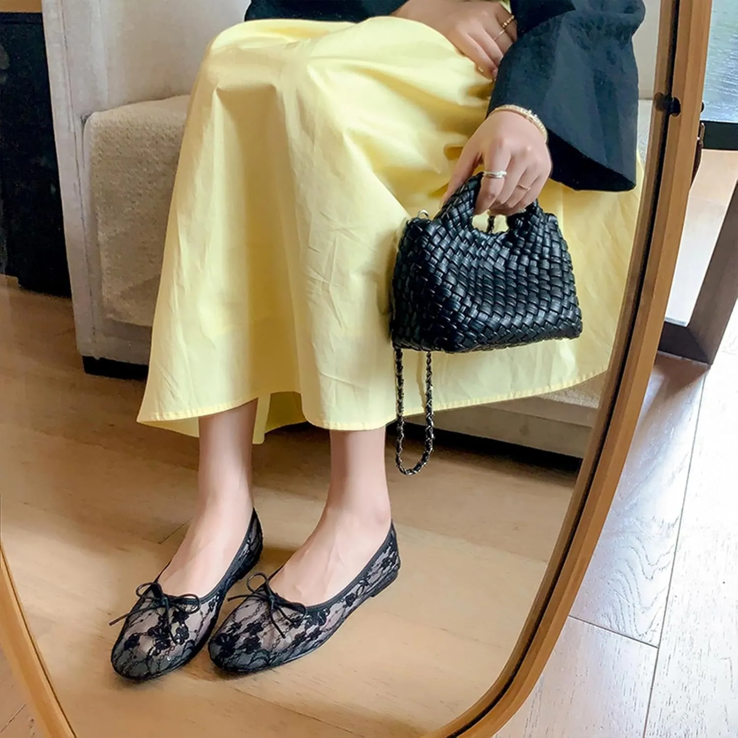 Mesh Ballet Flats for Women,Lace Bow Sequins Embellished Ballerina Shoes,Round Toe Slip on Comfortable Elegant Romantic Wedding Party Dating Dress Mary Jane Flats