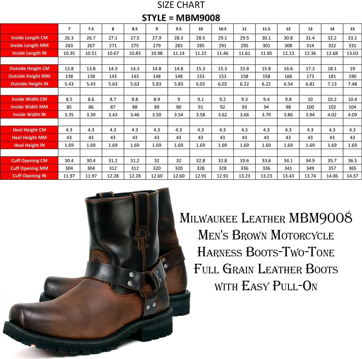 Milwaukee Leather Men's Classic Premium Leather Harness Motorcycle Boots Collection - 7.5