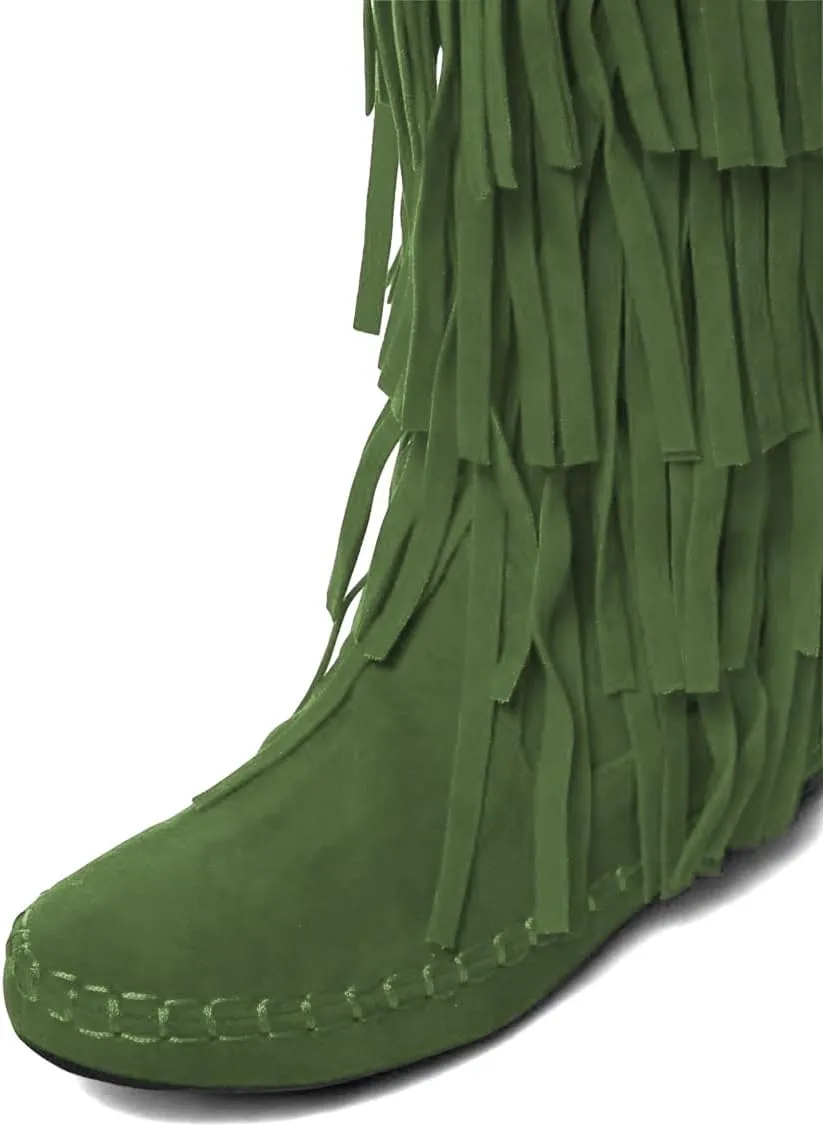 miss left Women Classic Layer Fringe Moccasin Boots Closed Round Toe Flat Knee High Boot with Tassels Pull On Retro Ballroom Dressy Shoes Size 4-16 US
