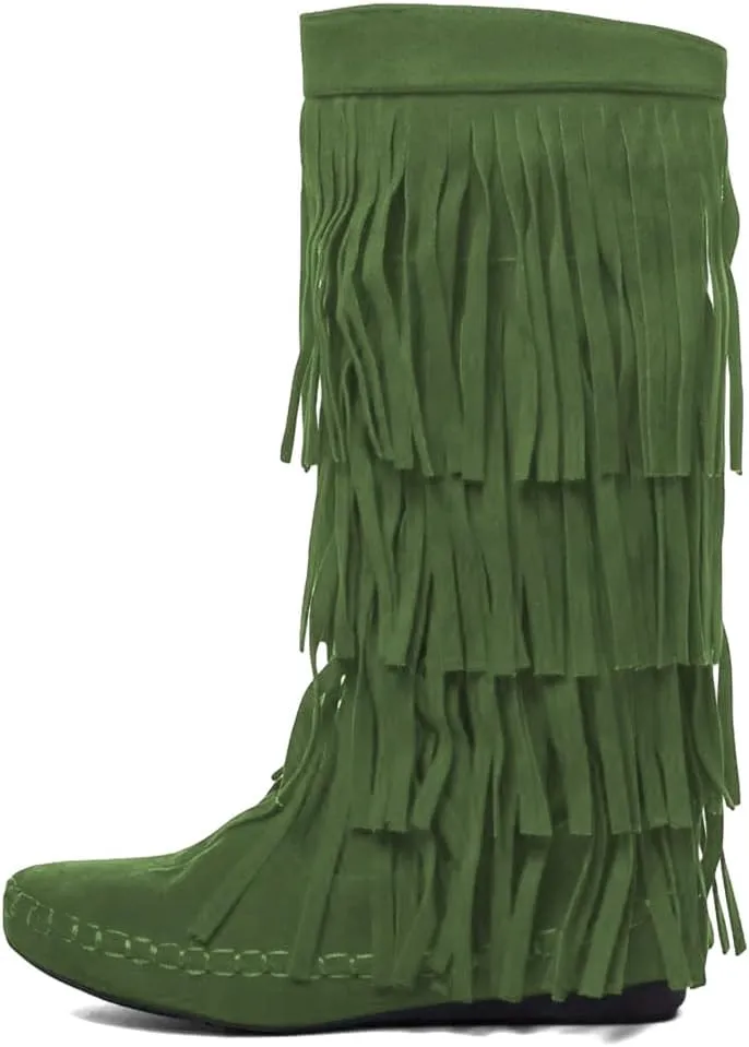 miss left Women Classic Layer Fringe Moccasin Boots Closed Round Toe Flat Knee High Boot with Tassels Pull On Retro Ballroom Dressy Shoes Size 4-16 US