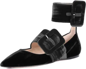 miss left Women Comfy Closed Pointy Toe Mary Jane Flats Ankle Strap Buckled Soft Velvet Adorable Ballroom Dance School Shoes Size 4-16 US