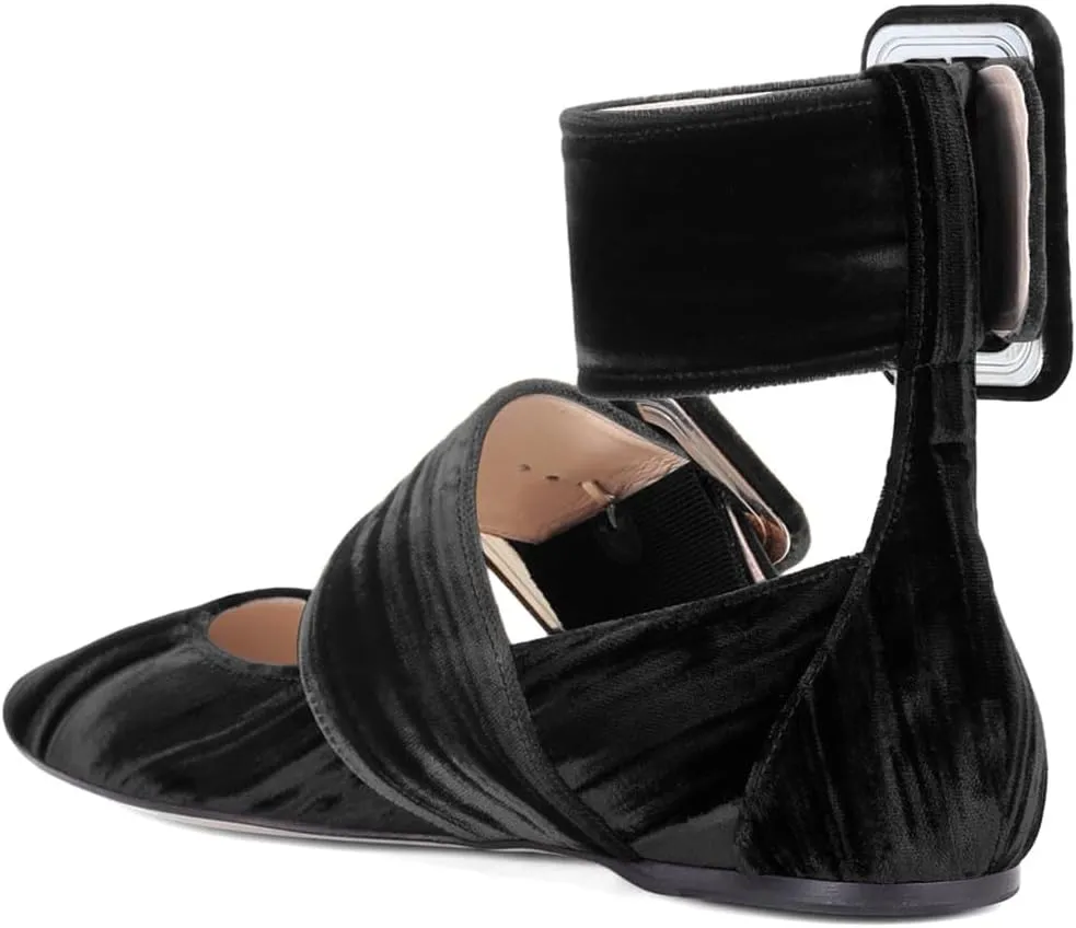 miss left Women Comfy Closed Pointy Toe Mary Jane Flats Ankle Strap Buckled Soft Velvet Adorable Ballroom Dance School Shoes Size 4-16 US