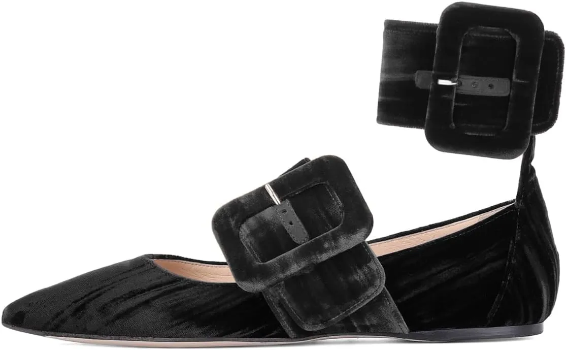 miss left Women Comfy Closed Pointy Toe Mary Jane Flats Ankle Strap Buckled Soft Velvet Adorable Ballroom Dance School Shoes Size 4-16 US