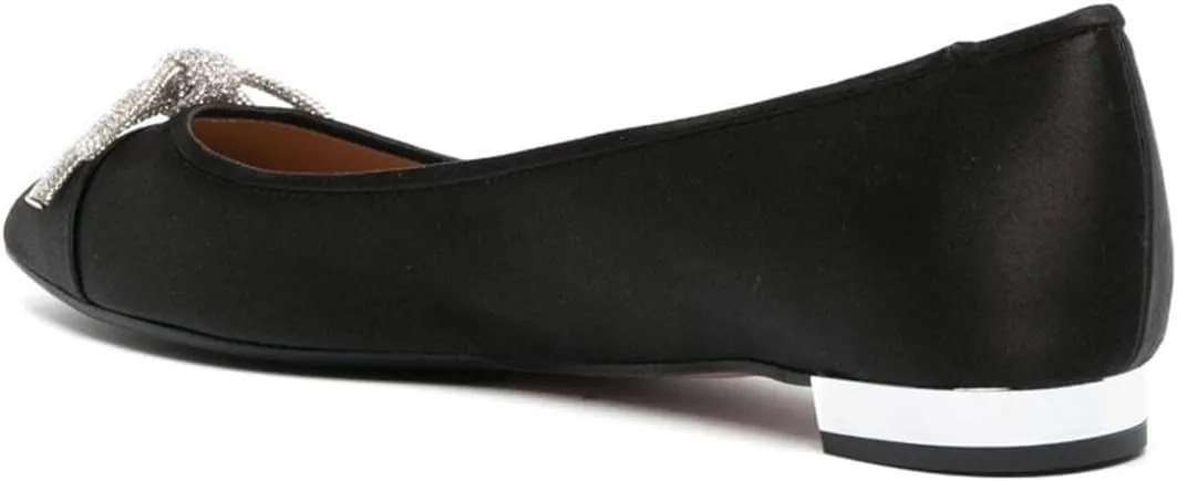 miss left Women Rhinestone Bows Ballet Flats Closed Rounded Toe Slip On Low Thick Heels Comfy Dance Walking Satin Shoes Size 4-16 US