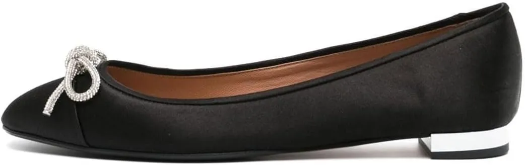 miss left Women Rhinestone Bows Ballet Flats Closed Rounded Toe Slip On Low Thick Heels Comfy Dance Walking Satin Shoes Size 4-16 US