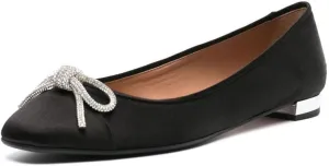 miss left Women Rhinestone Bows Ballet Flats Closed Rounded Toe Slip On Low Thick Heels Comfy Dance Walking Satin Shoes Size 4-16 US