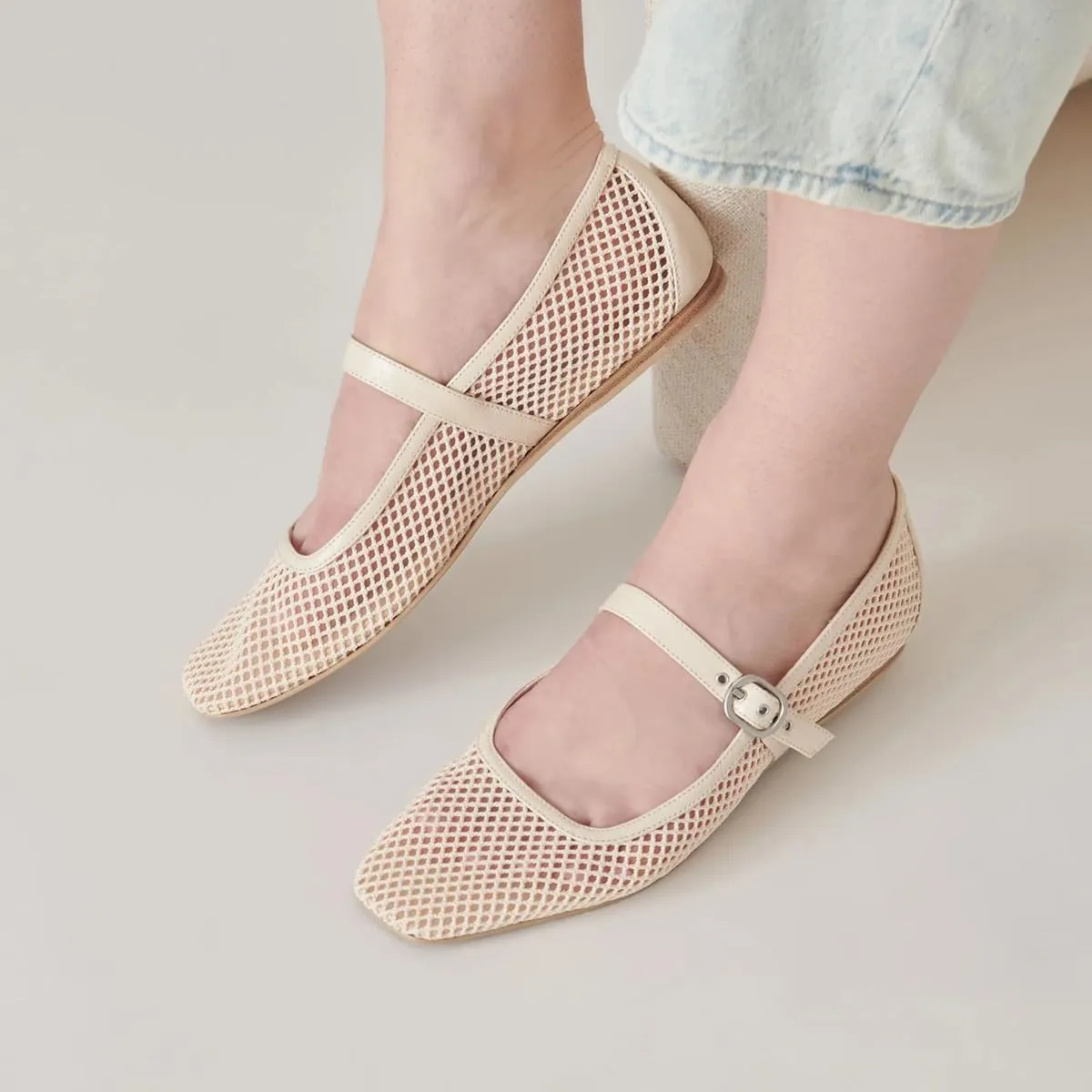 miss left Women Stylish Square Toe Single Strap Buckle Mesh Flat Mary Janes Ladies Comfy Casual Daily Dress Shoes Size 4-16 US