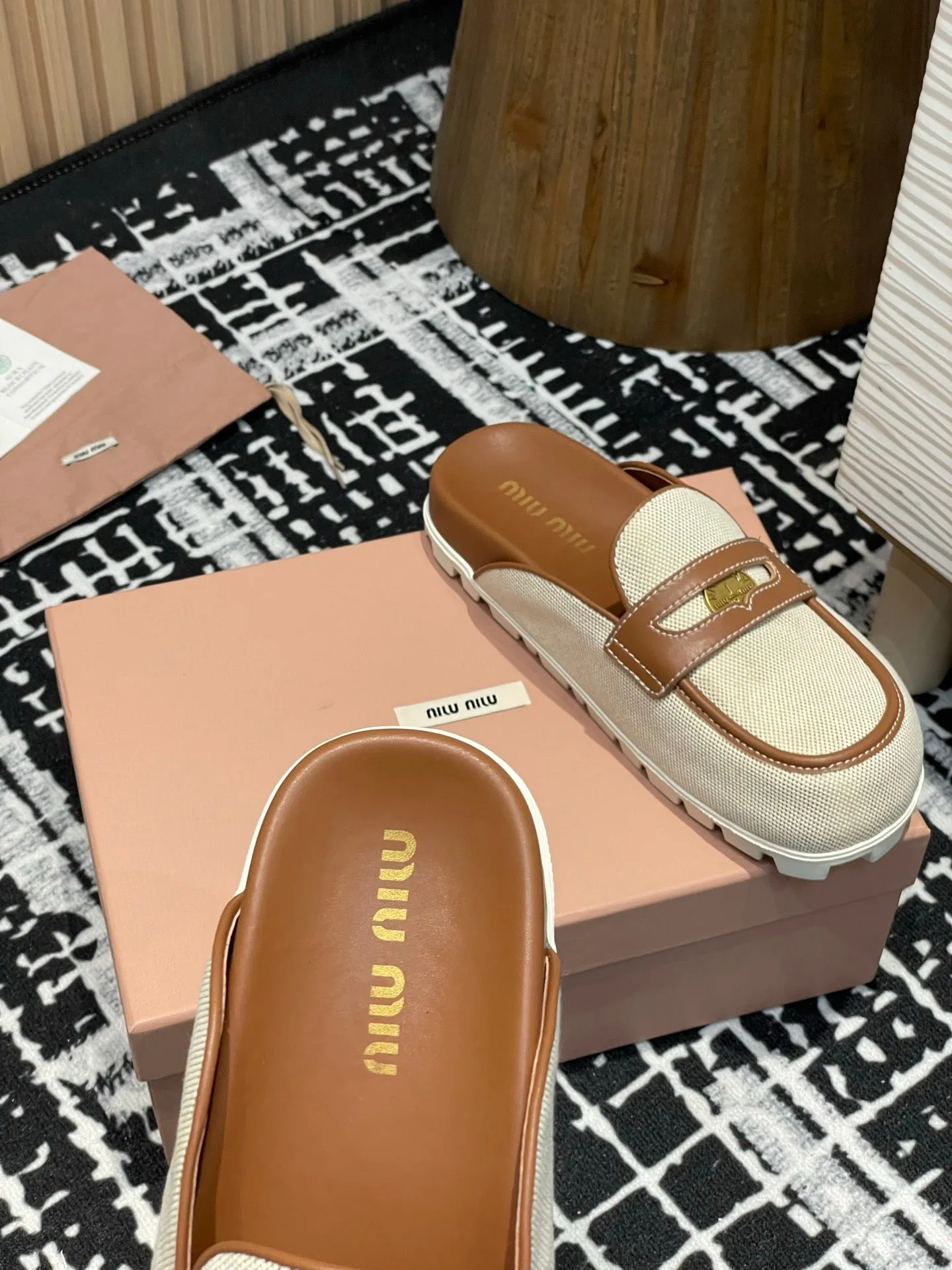 Miu 25S Beige and Brandy Canvas and leather Mules 227138