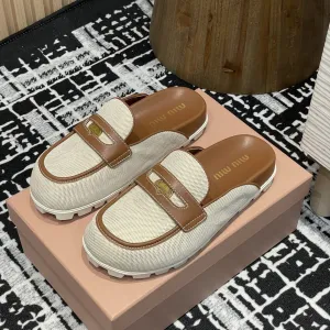 Miu 25S Beige and Brandy Canvas and leather Mules 227138